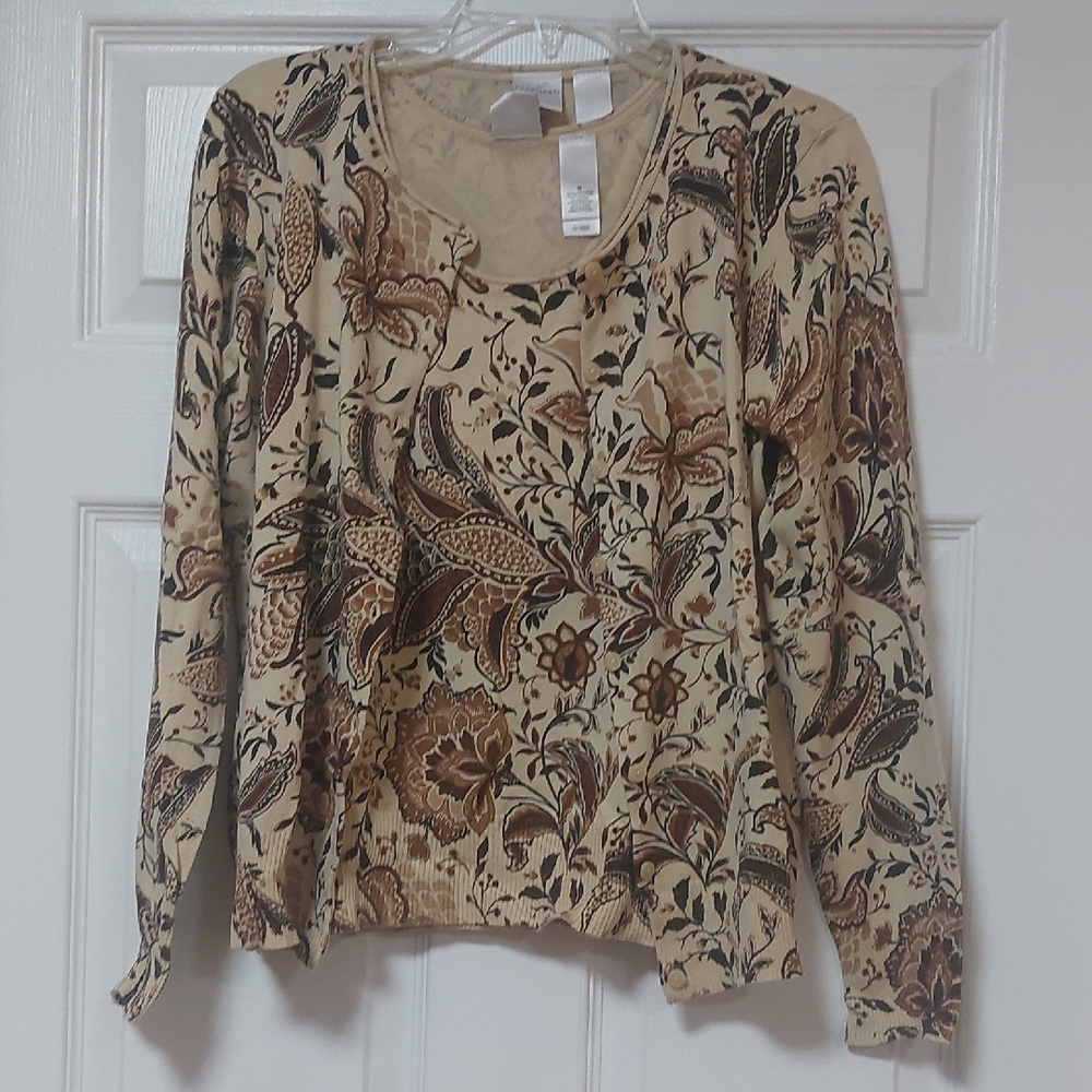 VINTAGE, Size M, Emma James Beige, Brown Floral Long Sleeve Cardigan +Tank Top